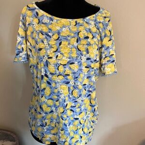 Ann Taylor Blue and Yellow Lemon Short Sleeve Top